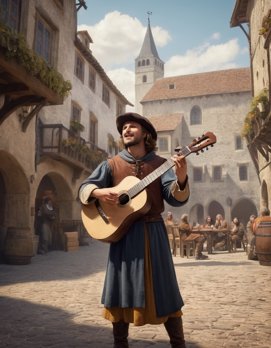 music, troubadour, lute, medieval, town square, middle ages