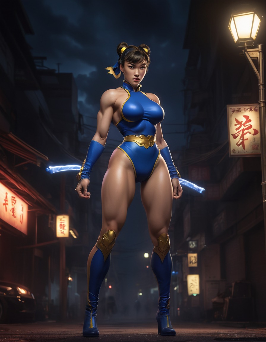 chun-li, street fighter, video game character, martial arts, fierce, street lamp, games, dark