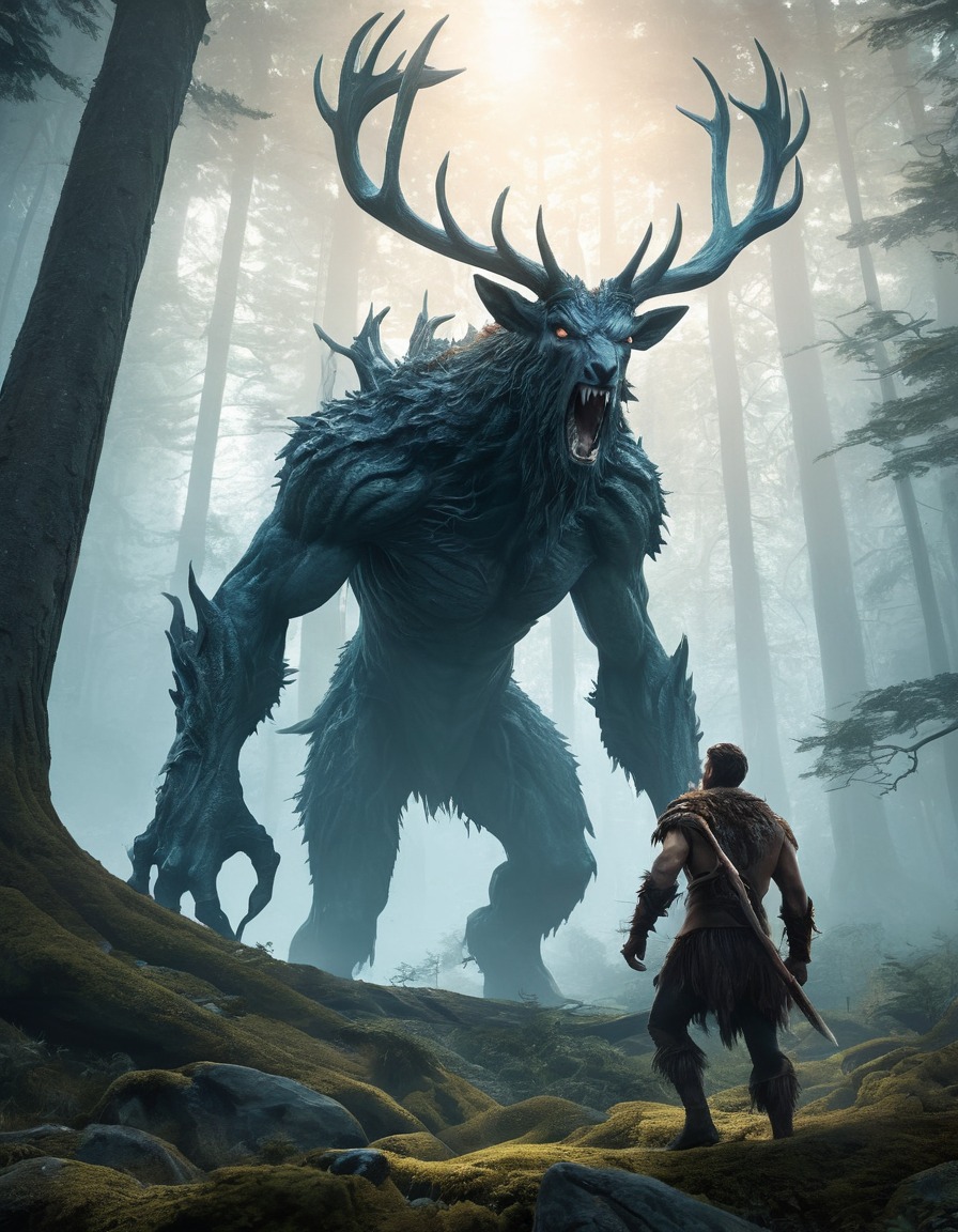 fantasy, hero, wendigo, mystical, forest, brave, thrilling