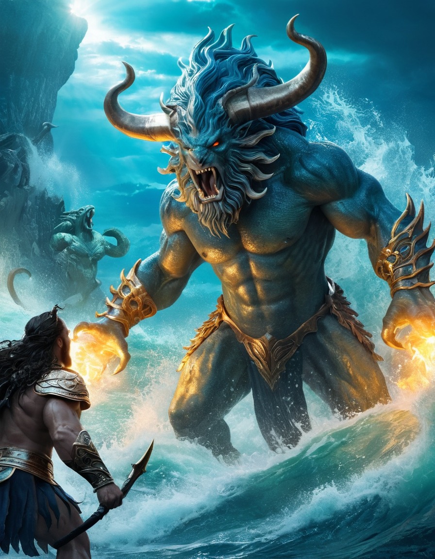 poseidon, mythology, epic, fight scene, monsters, greek gods, legend