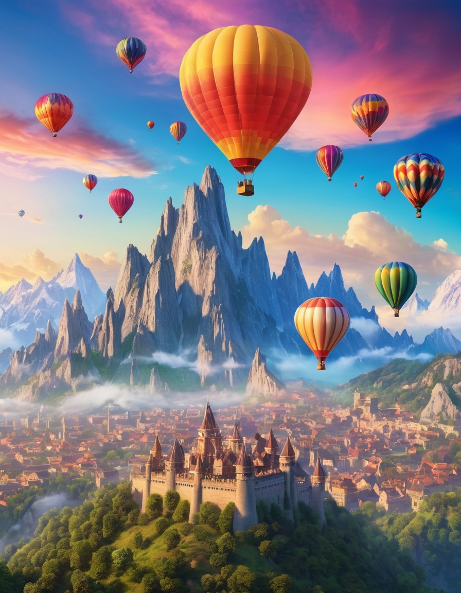 mountain range, city skyline, hot air balloons, nature, urban landscape, city