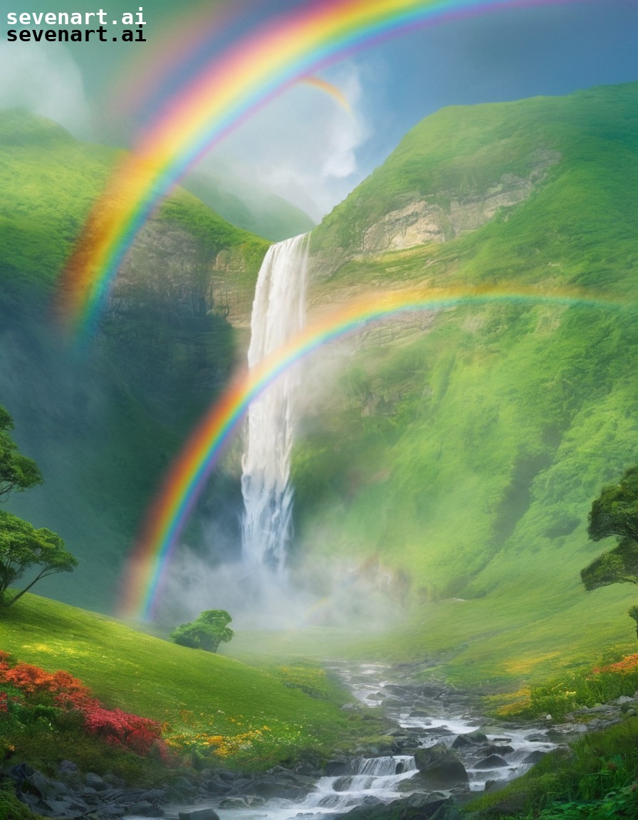 nature, waterfall, rainbow, mountain, serene