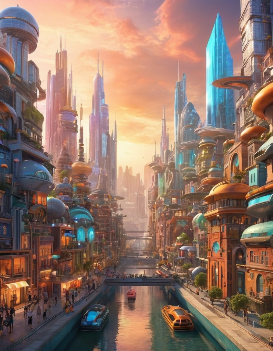 futuristic cityscape, eclectic buildings, postmodern architecture, colorful architecture, architecture