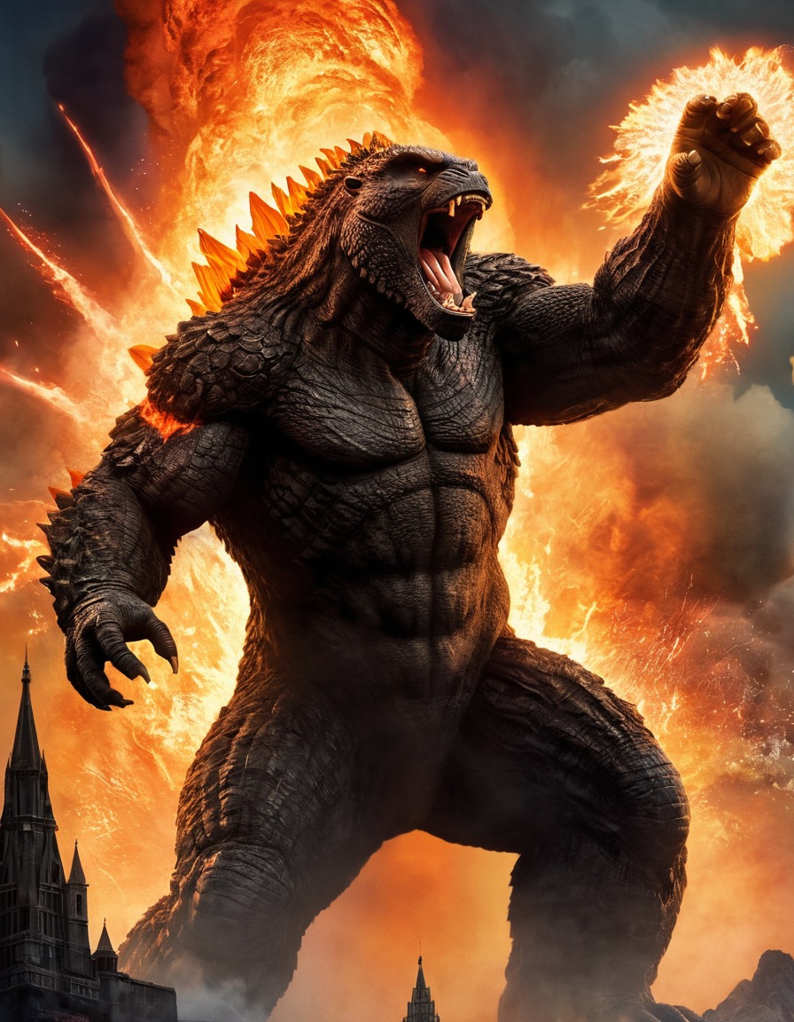 godzilla, king kong, monster, battle, explosion, kong