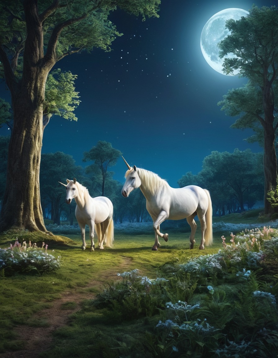 forest glade, unicorns, moonlight, peaceful, fantasy scene