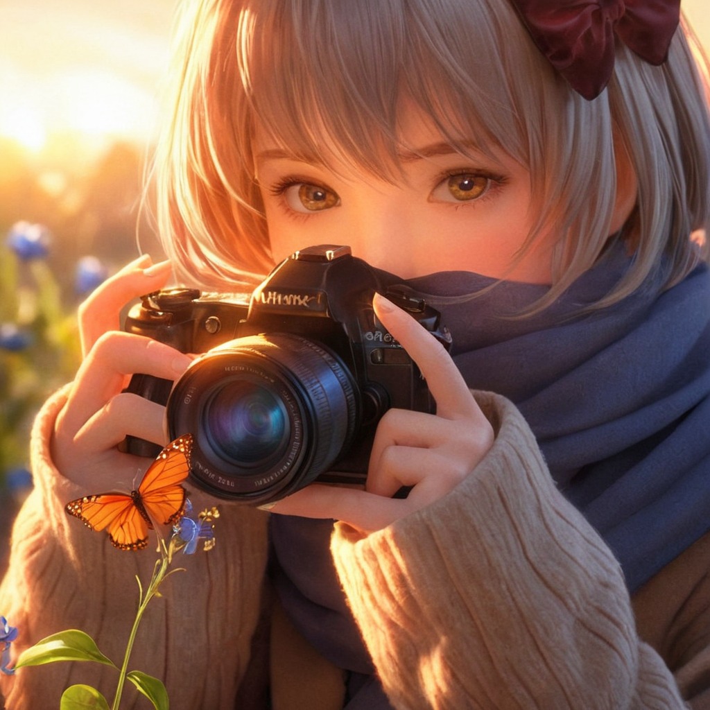 digitalart, anime, animegirl, beauty, butterfly, camera, flowers, sunset, aiart, sweaterweather