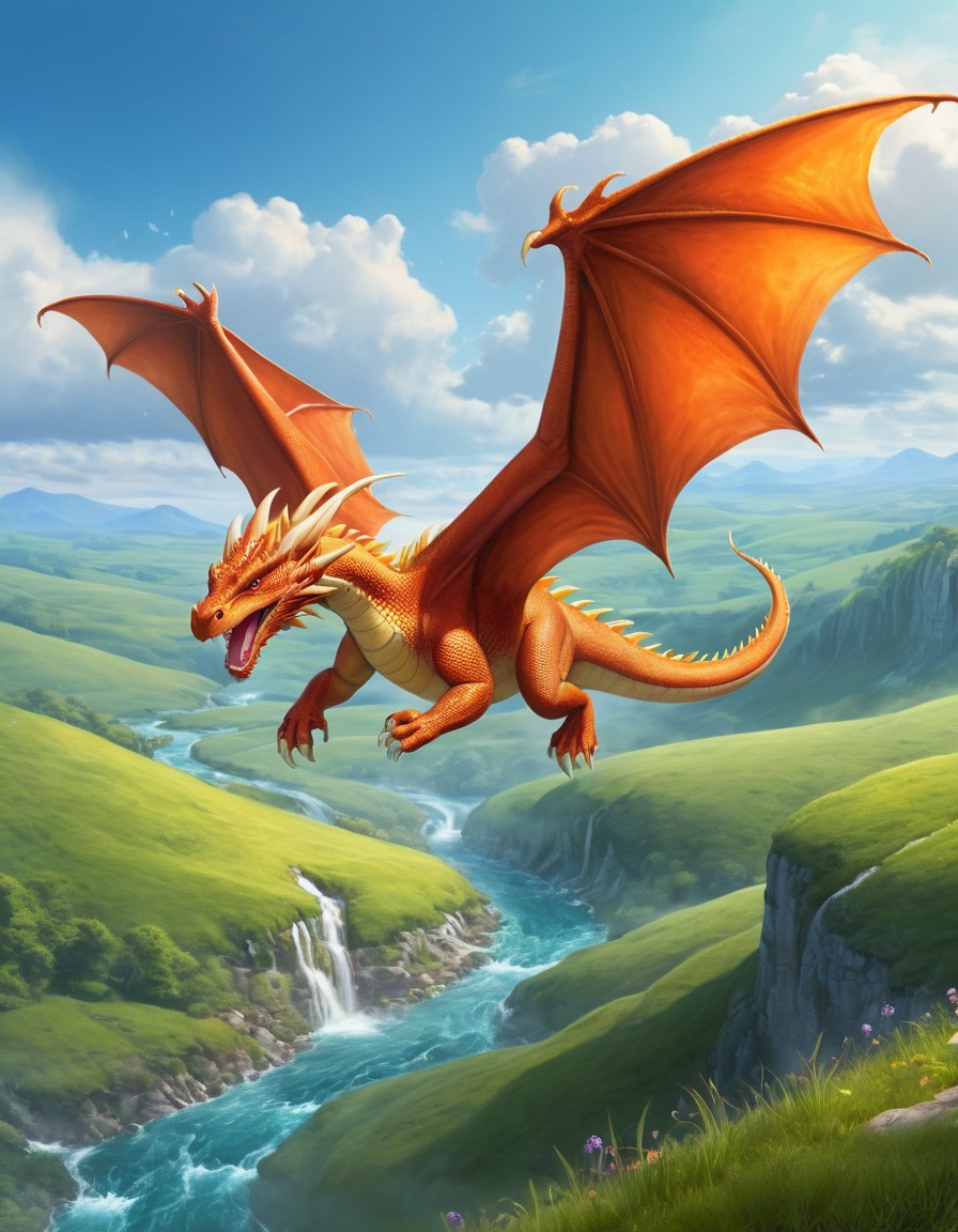 dragon, fantasy, landscape, hills, streams, fantastic