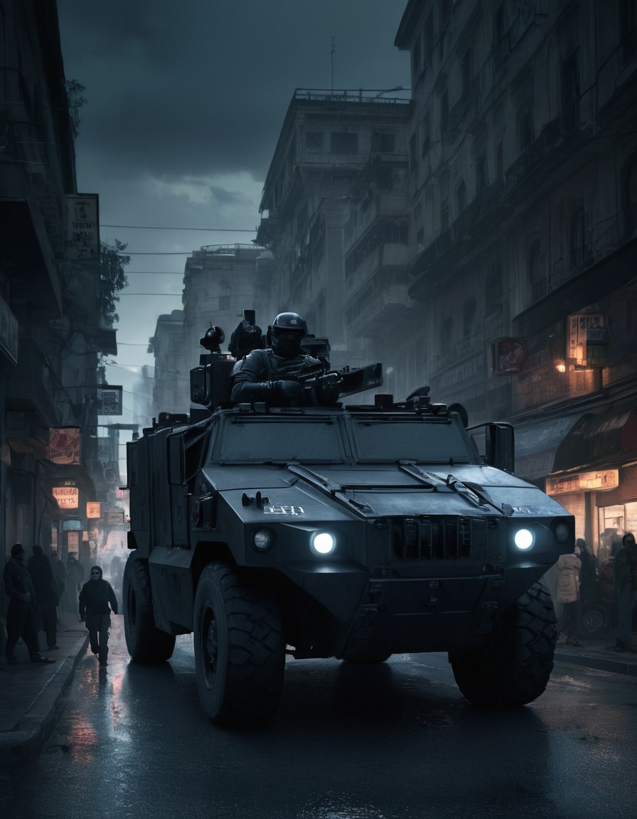 police vehicle, armored, civilians, fear, city street, war, usa