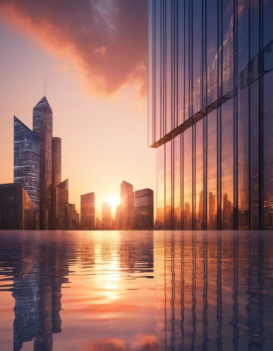 cityscape, glass skyscraper, sunset, urban landscape