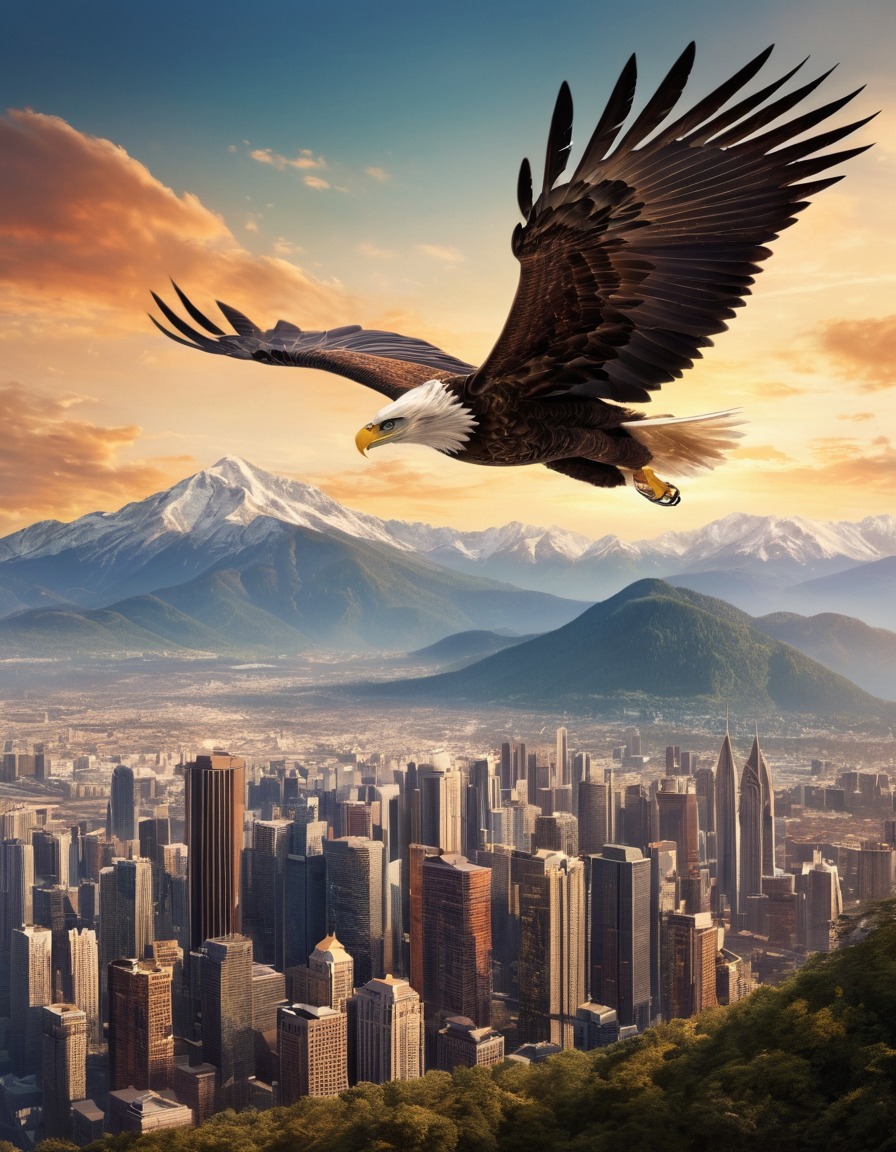 eagle, city skyline, mountain range, nature, city