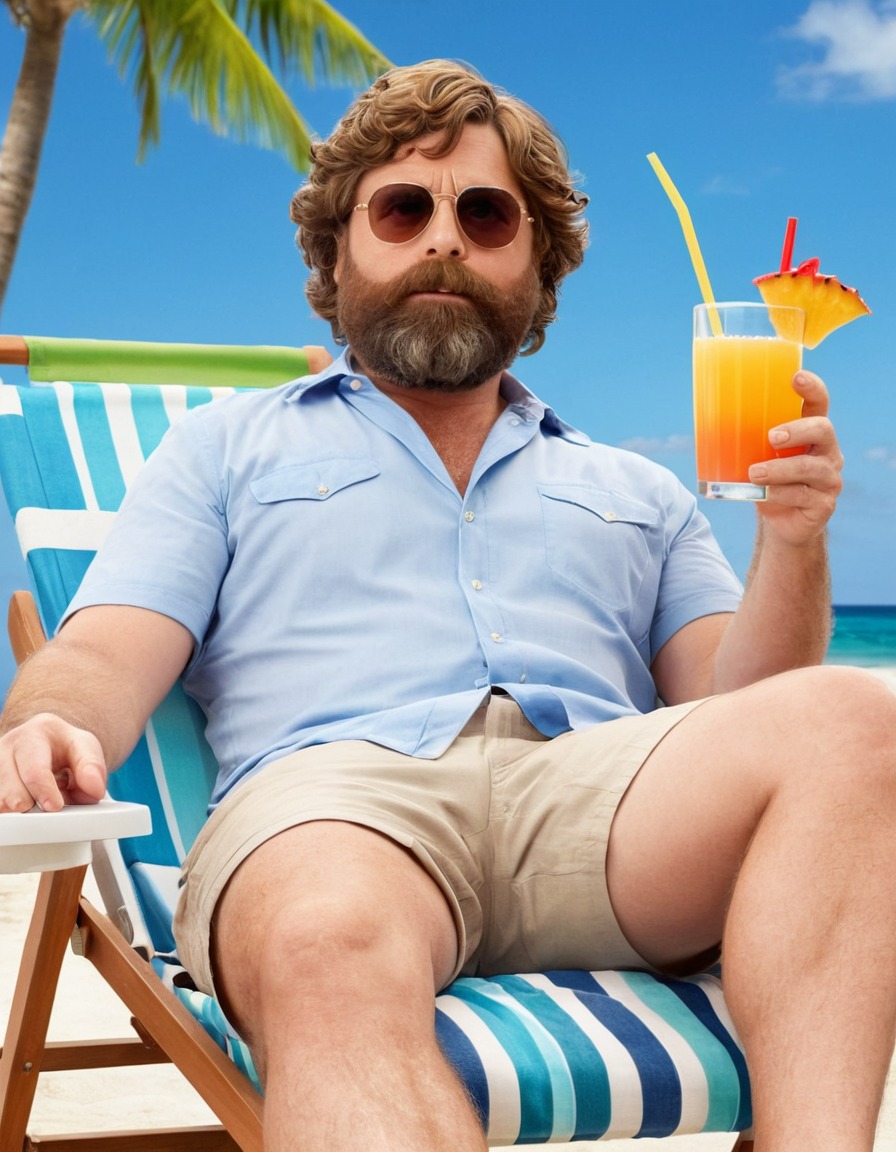 zach galifianakis, celebrity, sunbathing, beach, vacation, tropical drink