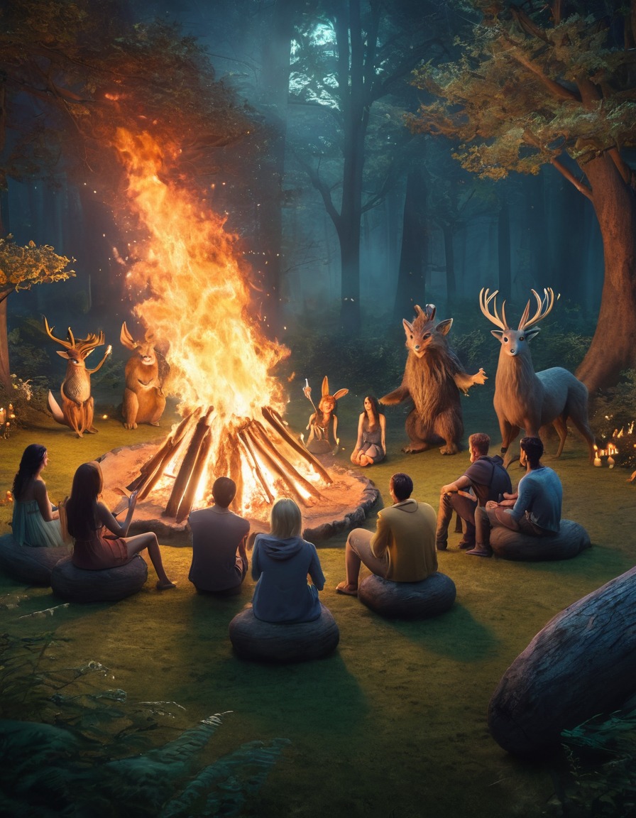 mythical creatures, bonfire, enchanted forest, fantasy, magical beings