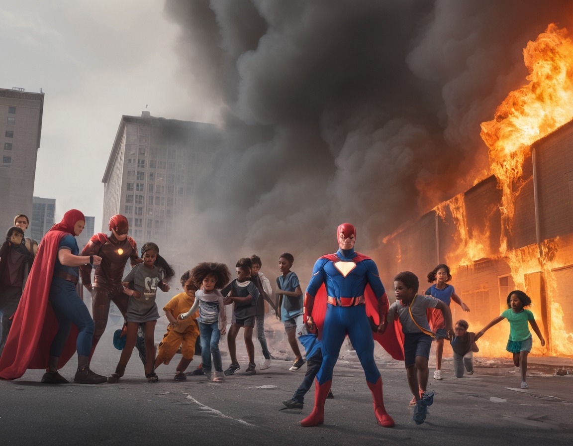 superhero, rescue, children, burning building, heroism, hero