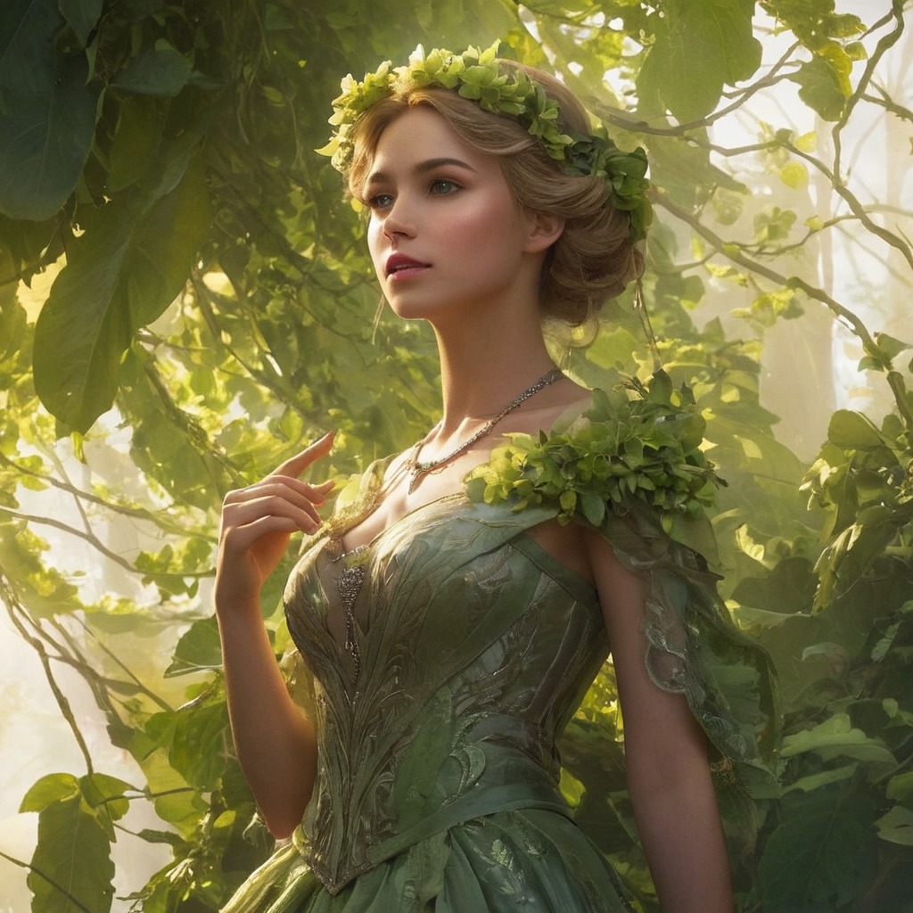 characterdesign, portrait, beauty, dreamup, digitalart, plants, dress, vines, ai_art