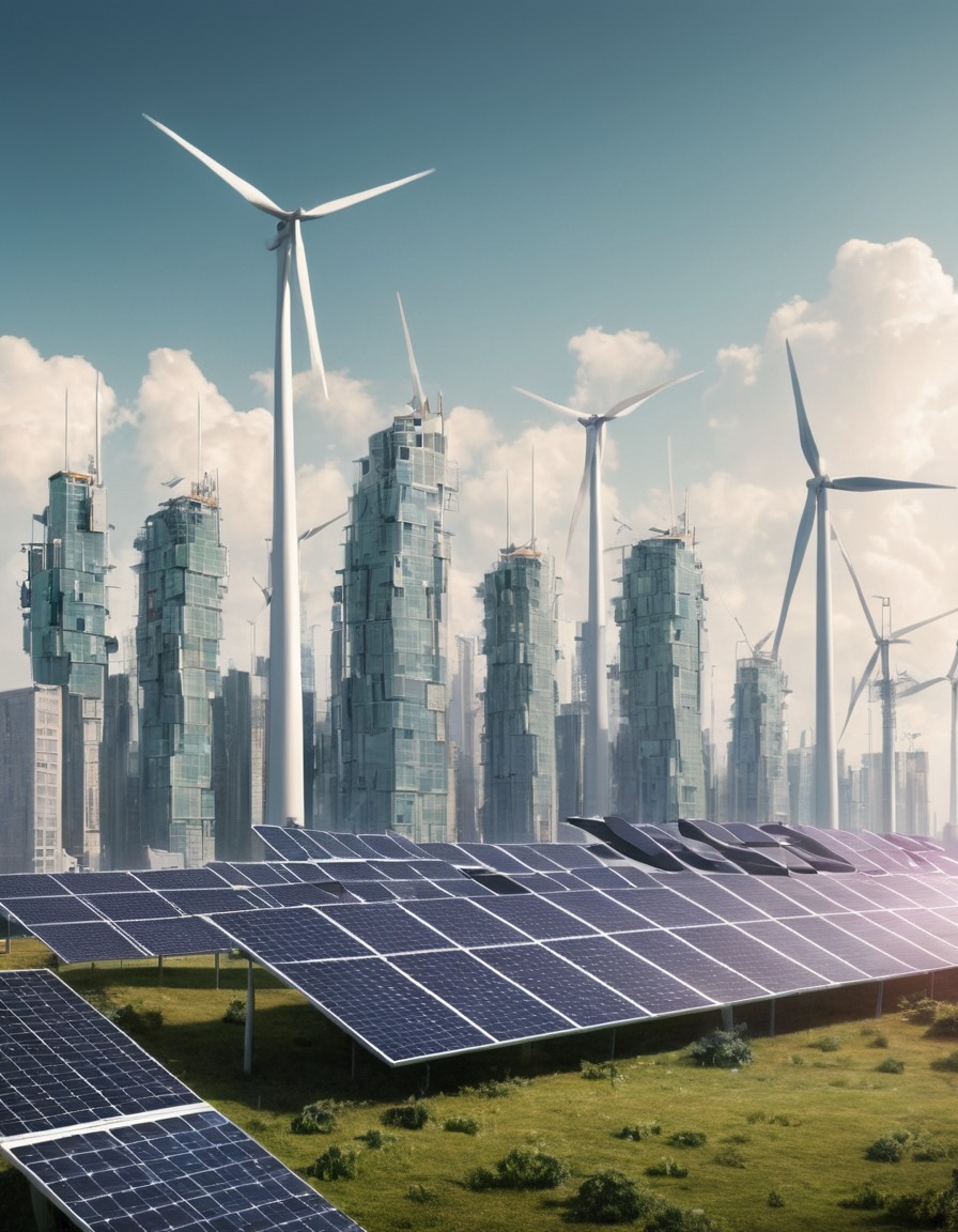 urban, skyline, skyscrapers, solar panels, wind turbines, technology