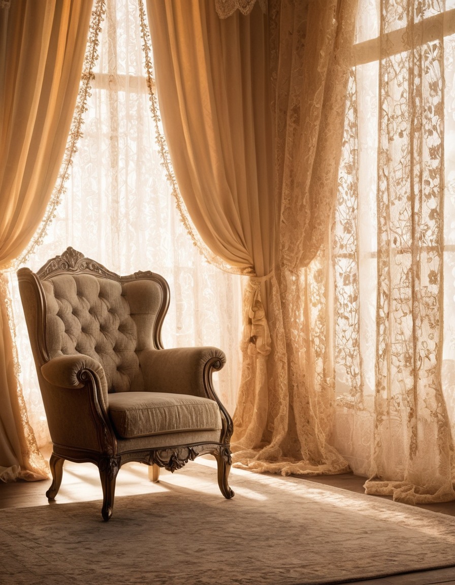 interior design, lace curtains, sunlight, armchair, home, interior