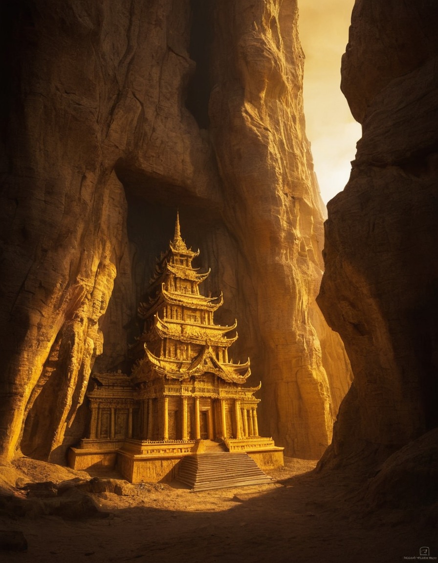 mystical, temple, cliff face, golden light