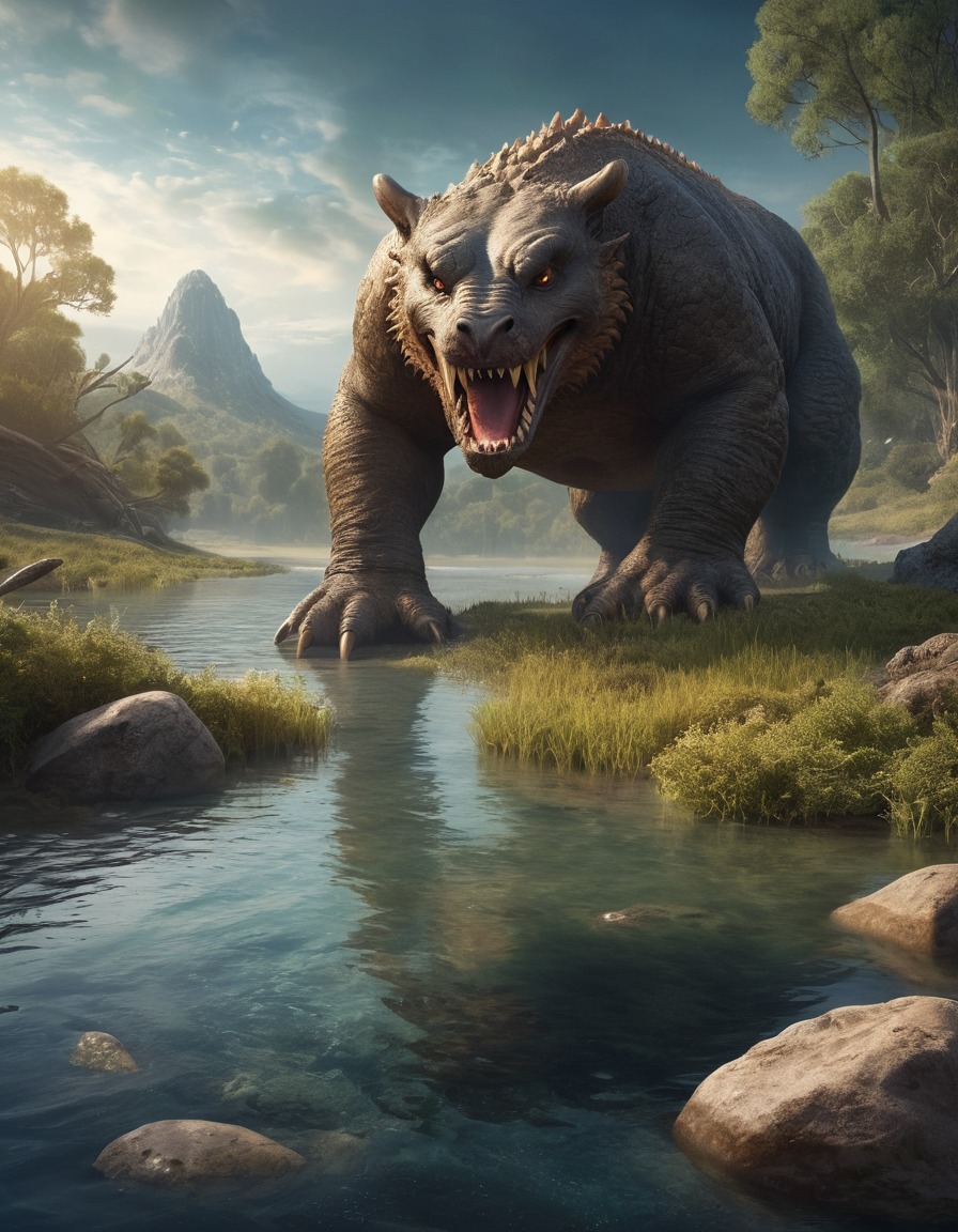 fantasy, landscape, bunyip, mythical creature, river, majestic