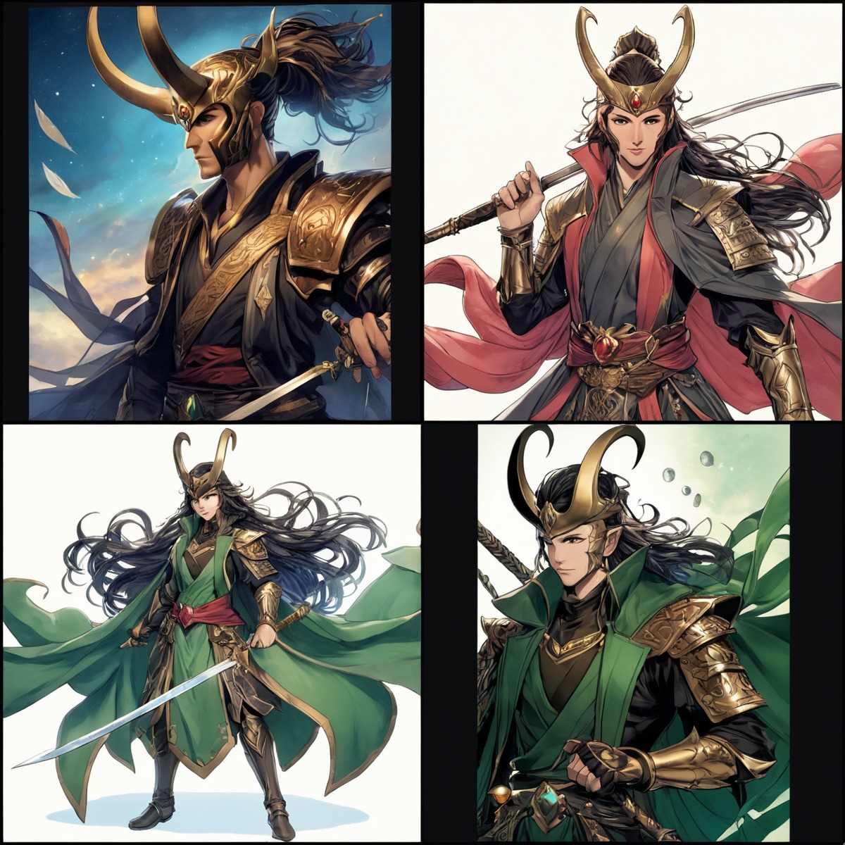 loki, animestyle, collage, marvelfanart, samurai, bing_image_creator