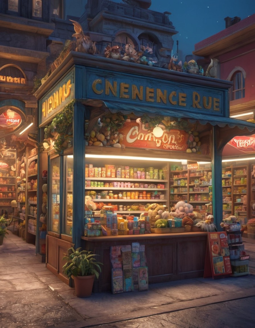 convenience store, fantasy, big city, fictional creatures, urban fantasy