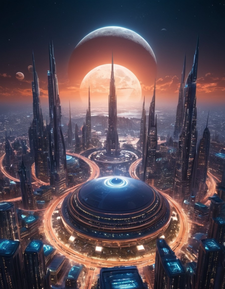 futuristic city, moon, rings, space, science fiction, stars