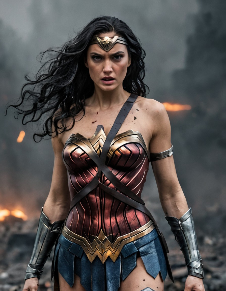 wonder woman, superhero, determined, battle, ripped clothes