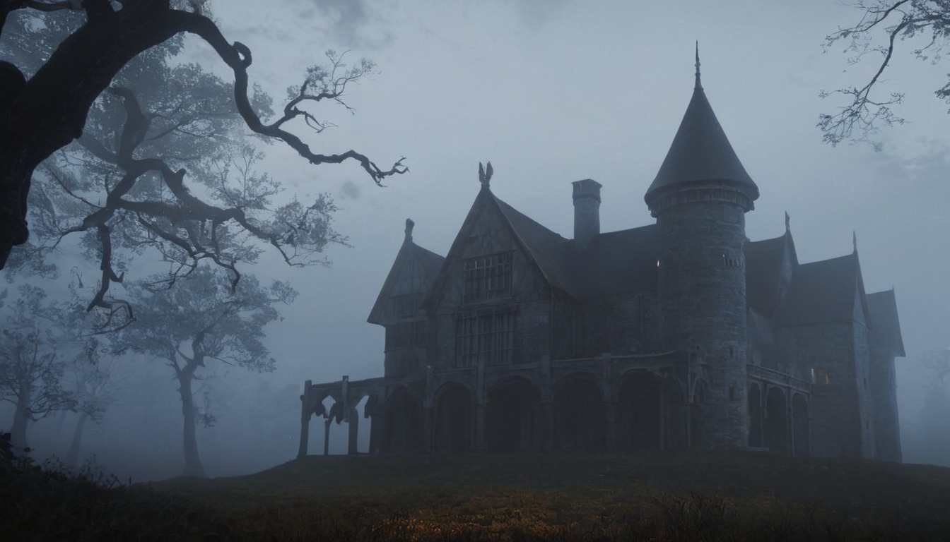 horror, architecture, gothic, creepy, ghost, spooky, fog, dreamup, digitalart, vintage, manor, mist, hauntingseason, ai_art