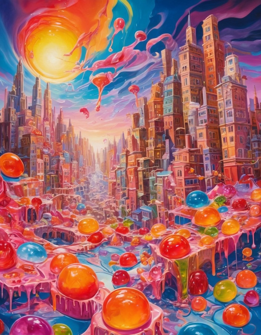 jelly, cityscape, colorful, whimsical, surreal