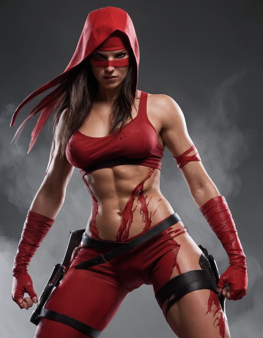 elektra, marvel, superhero, strength, determination, dynamic pose, ripped clothes