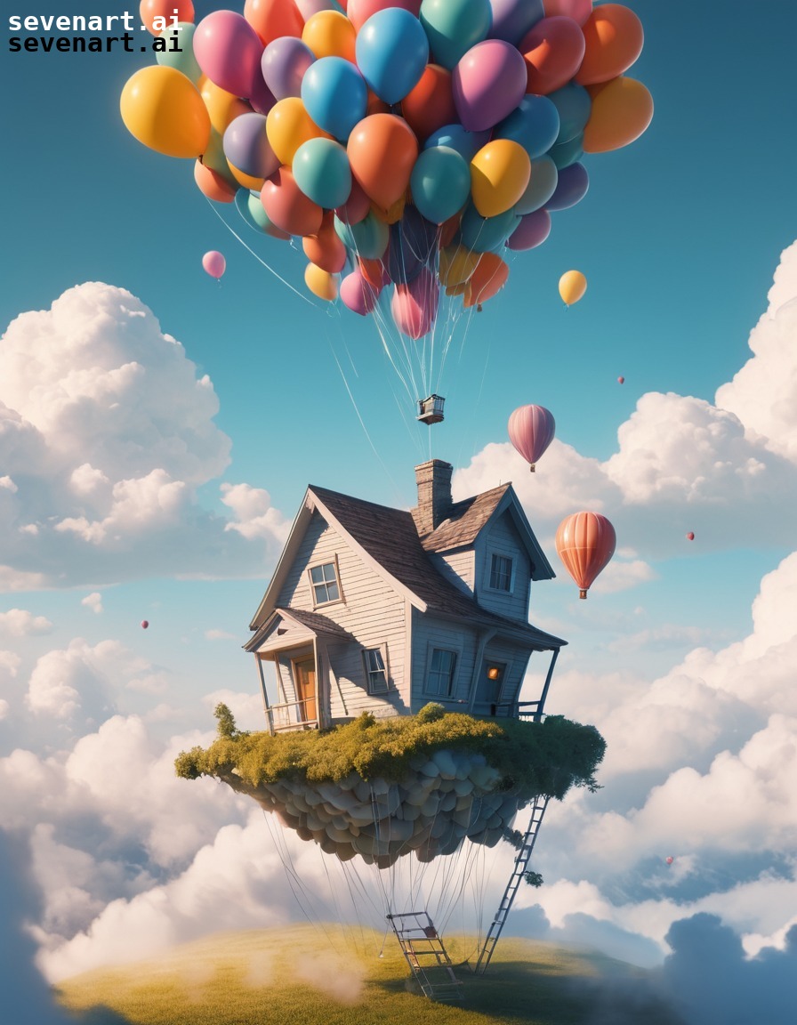 whimsical, floating, house, clouds, balloons, home