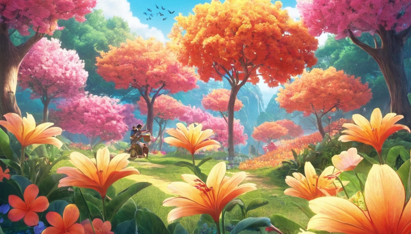 wallpaper, anime, colorful, floral, scenery