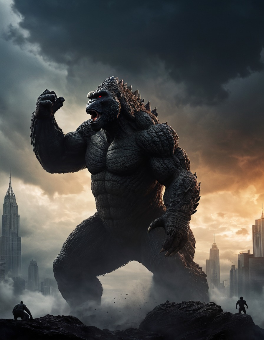 godzilla, king kong, monsters, battle, film, silhouettes, kong