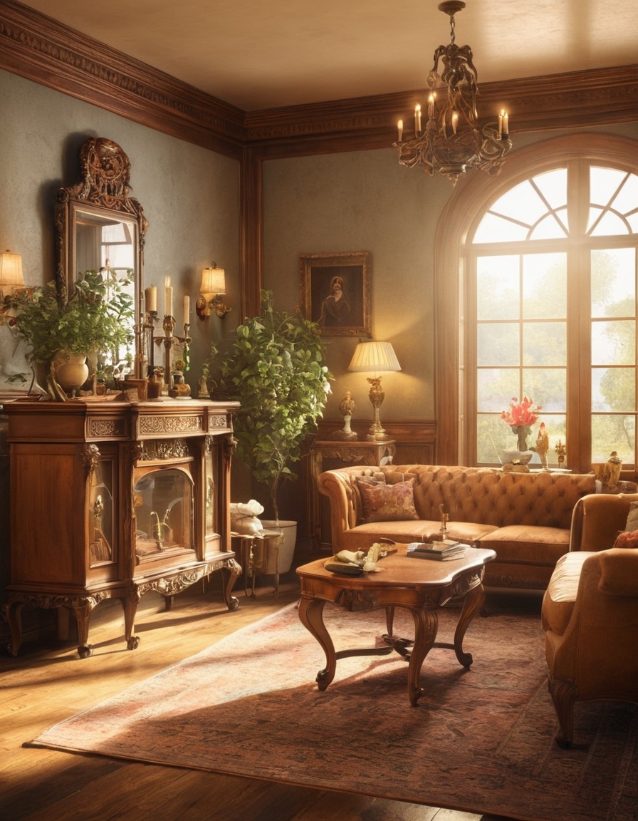 vintage, living room, antique furniture, decor, warm sunlight