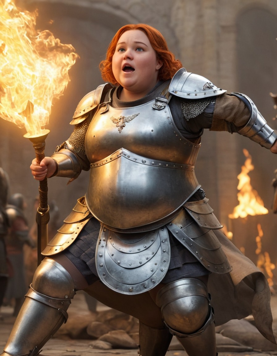 humor, illustration, joan of arc, armor, struggle, fat