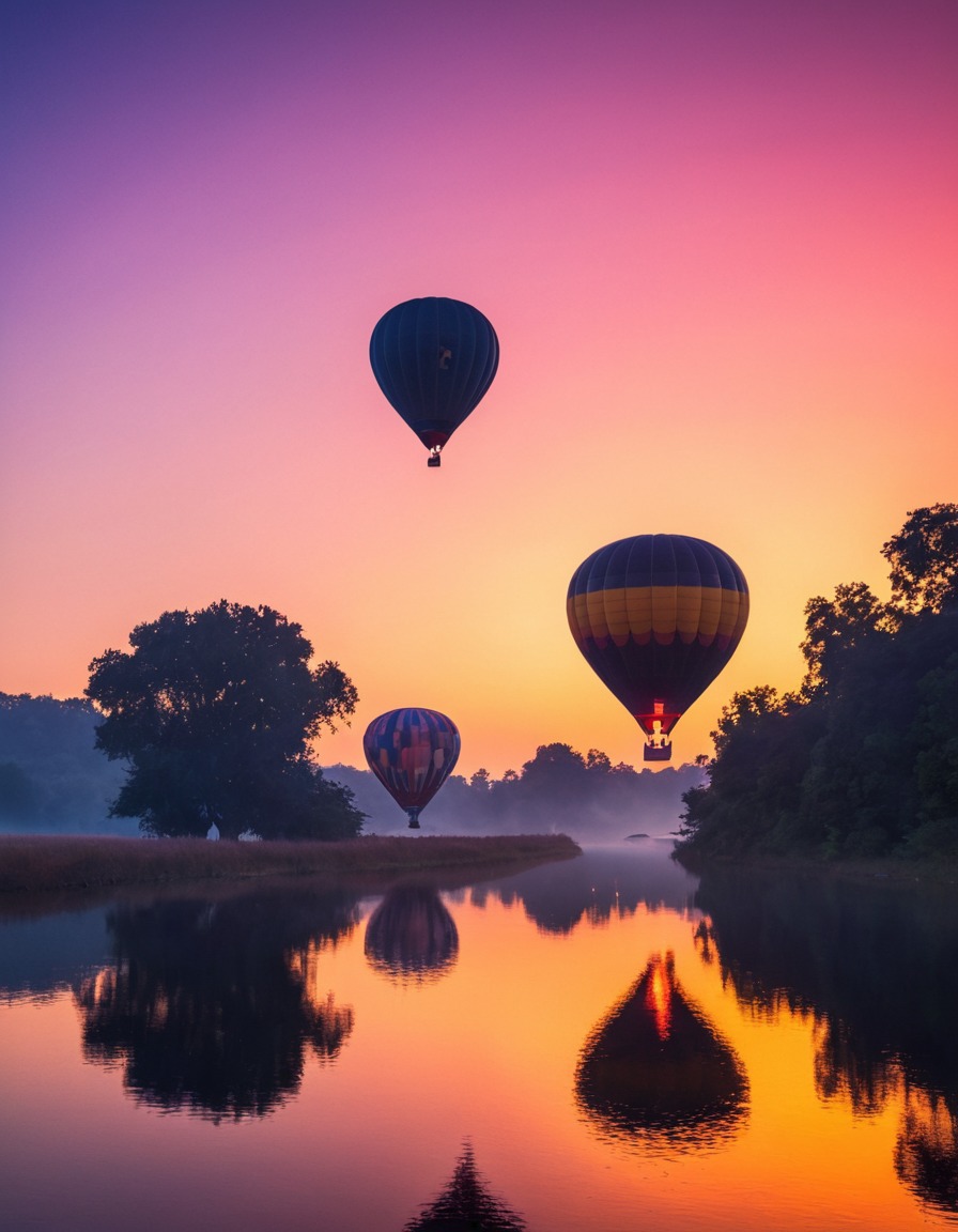 hot air balloons, colorful sky, dawn, silhouettes