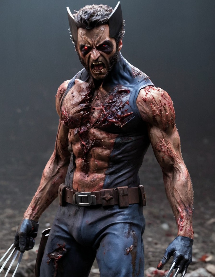 wolverine, x-men, zombie, decaying flesh, torn uniform, glowing red eyes