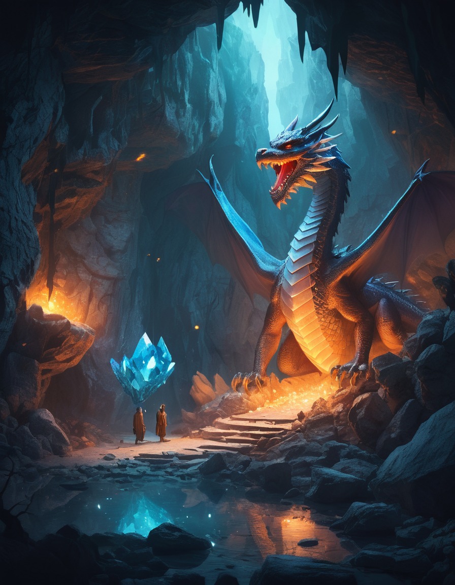 cave, crystals, dragon, fantasy, guardian, fantastic