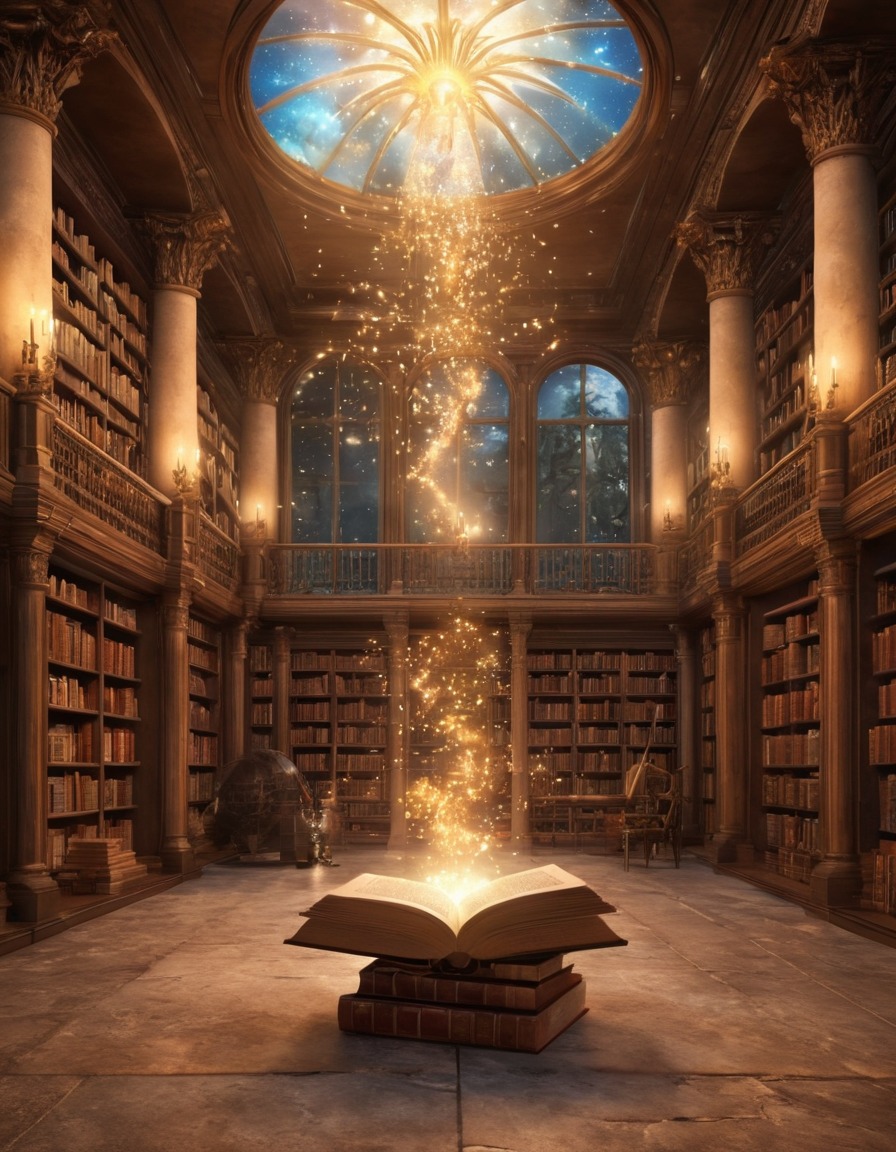 magical library, flying books, self-reading, enchanted scene, fantasy setting, visitor experience, literary magic