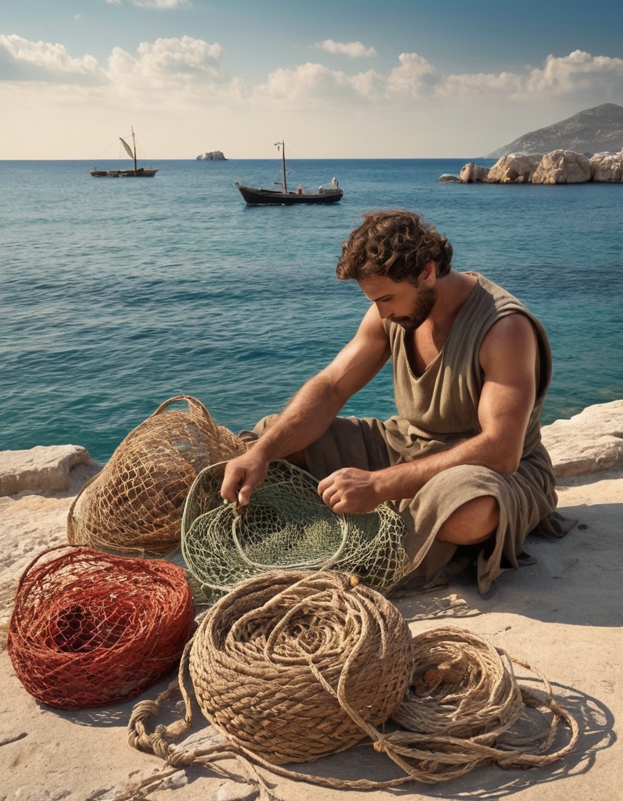 ancient fisherman, mending nets, sea, ancient greece, 300 bc, occupation, daily life