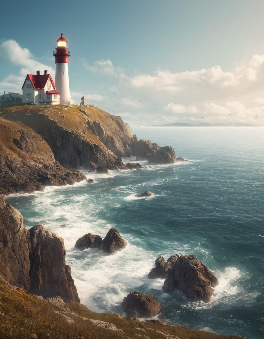 lighthouse, coast, rocky, landscape, scenic