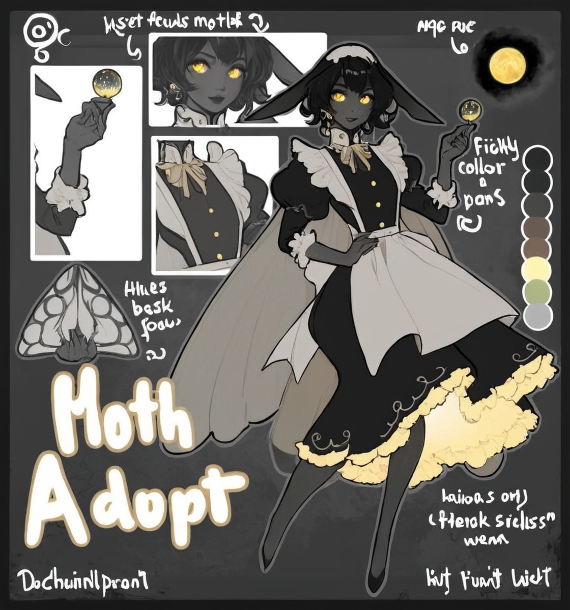 characterconcept, originalcharacter, adoptableauction, characterdesign, adoptablesopen, adoptable, adop, adoptables, bug, character, colorpalette, cute, design, dnd, dungeonsanddragons, eyes, fantasy, goth, humanoid, maid, monstergirl, moth, original, refsheet, ttrpg, wings, character_design, moth_girl, moth_wings