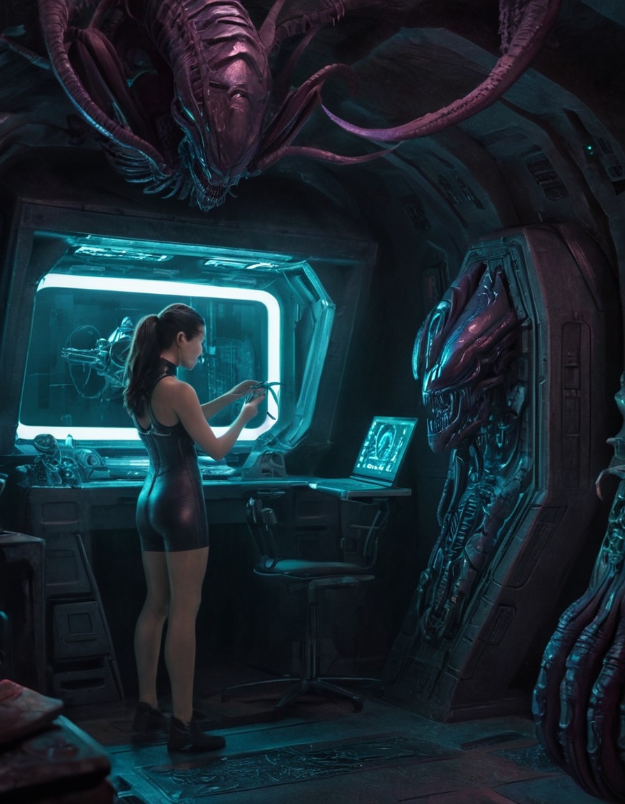 science fiction, alien, artifacts, interior design, character portrait, games, girls from games