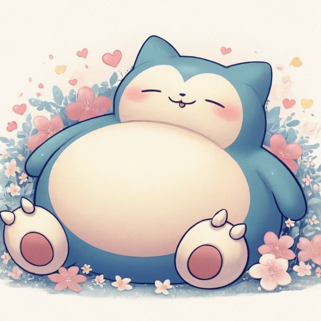 fanart, videogamefanart, pokemon, nintendo, anime, asleep, copilot, dalle3, flowers, relax, snorlax, aiart