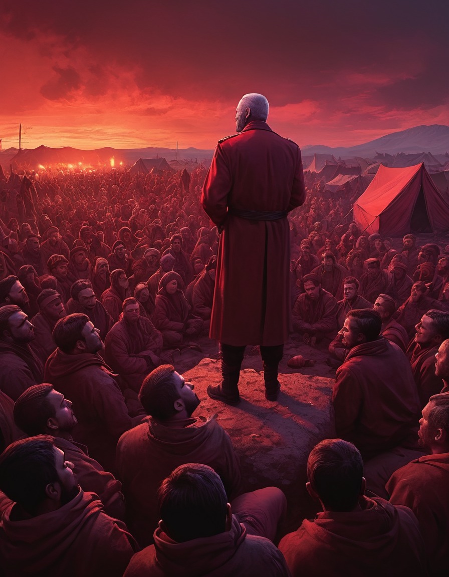 charismatic leader, crowd, followers, makeshift camp, crimson sky, speech, rally, mad max