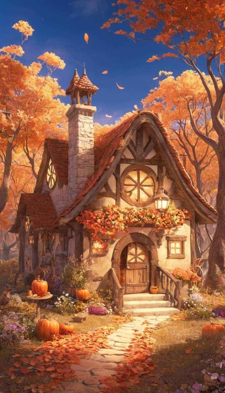 digitalart, magic, digitalpainting, forest, fairytale, anime, autumncolors, cottage, digitalartwork, download, enchanting, epicfantasy, fantasy, fantasyillustration, illustration, leaves, mushroom, orange, scenery, aiart, cottagecore