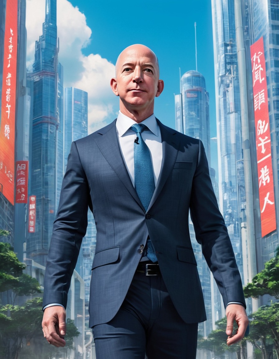 jeff bezos, anime, futuristic, cybernetic suit, high-tech headquarters