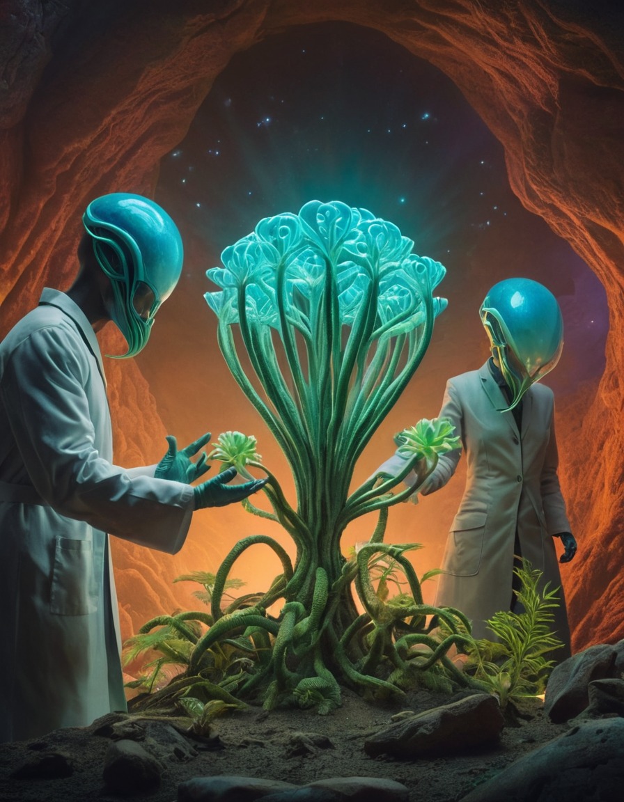 scientists, alien plant, research, touch reaction, exploration, discovery, extraterrestrial, aliens