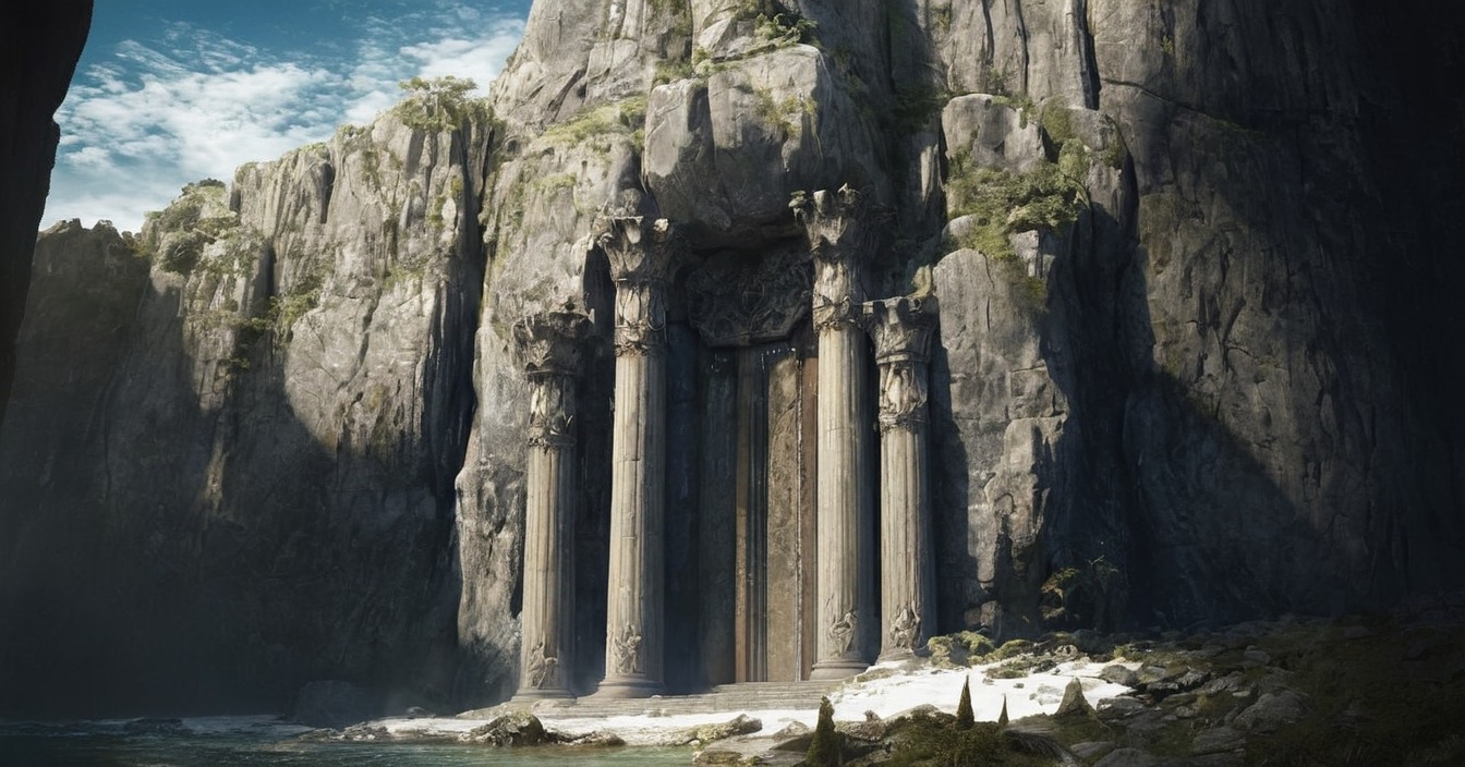 gate, architecture, castle, cliffs, conceptart, environment, fantasylandscape, fortress, mountains, stronghold, worldbuilding