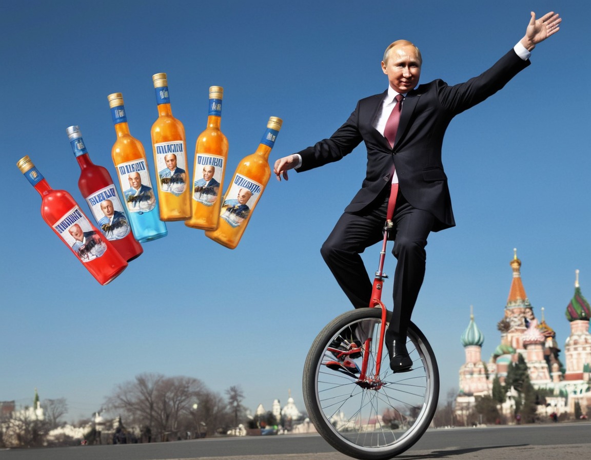 cartoon, vladimir putin, unicycle, juggling, vodka, putin, russia, russian president