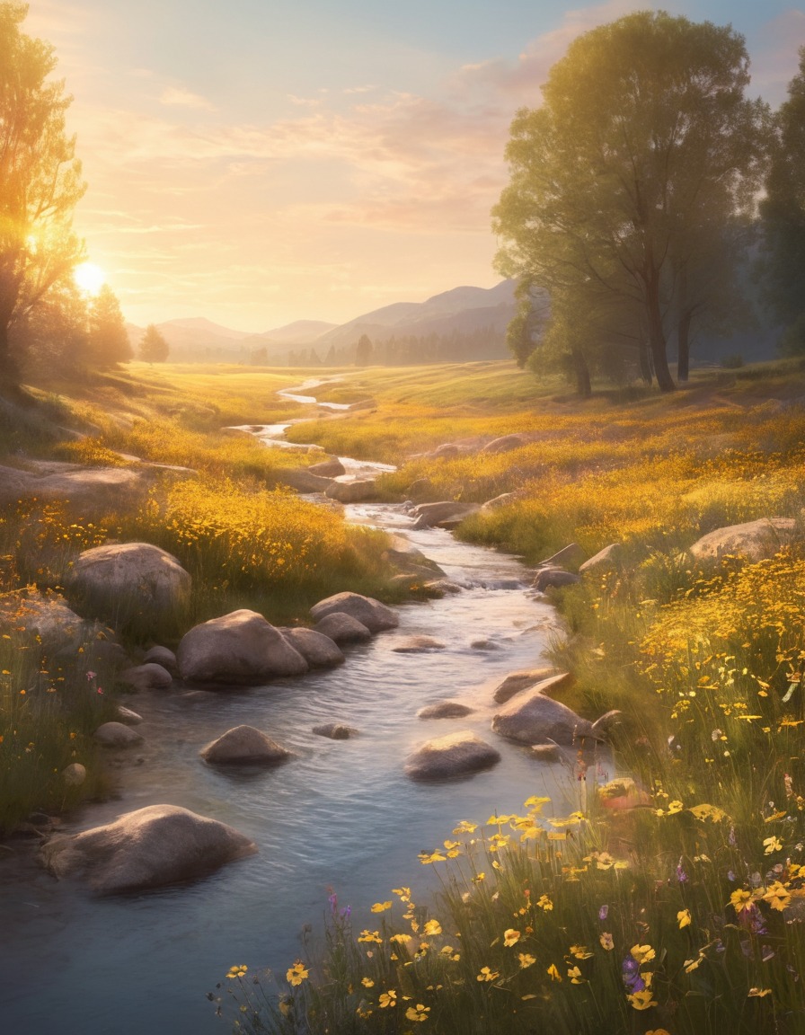 nature, meadow, stream, wildflowers, peaceful